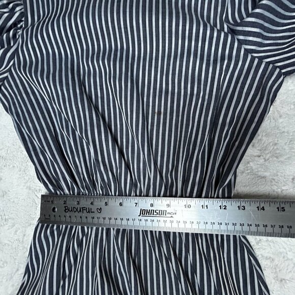 Women's Vintage Midi A-Line Dress Puff Sleeve Elastic Waist Striped Gray Size 12 - Picture 8 of 10